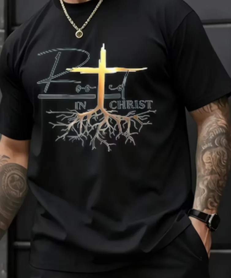 Men's Rooted in Christ T-Shirt - Breathable Short Sleeve Round Neck Tee Tone Suitable Church Gift Idea for Birthdays & Holidays
