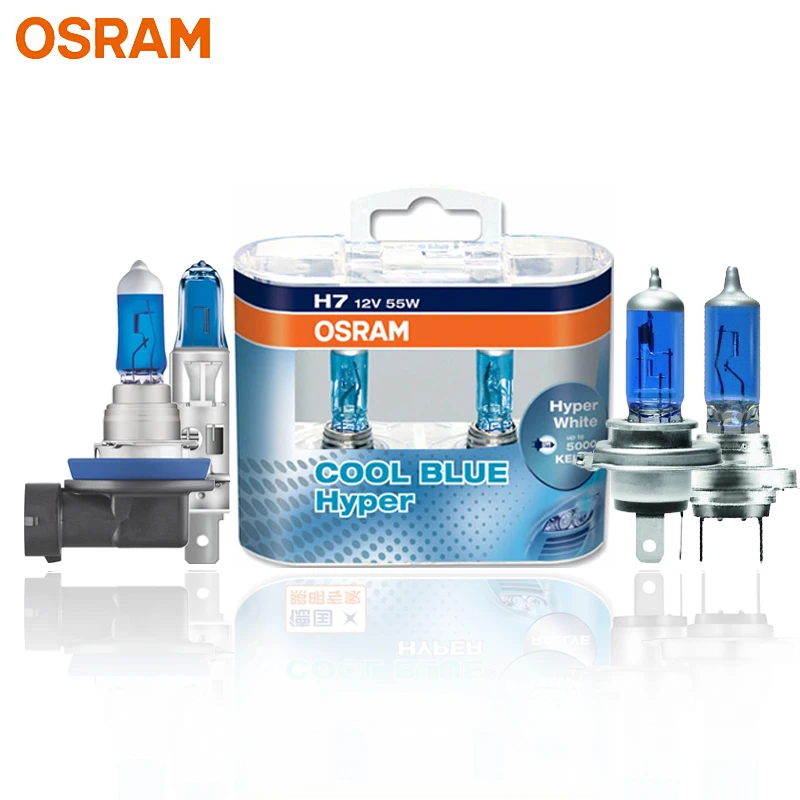 Żarówki Halogenowe OSRAM H7 H4 H1 H11 HB3 9005 HB4 9006 do Reflektorów Samochodowych, Światła Drogowe/Mijania, 5300K 12V 55W, Cool Blue Hyper White (2 sztuki)