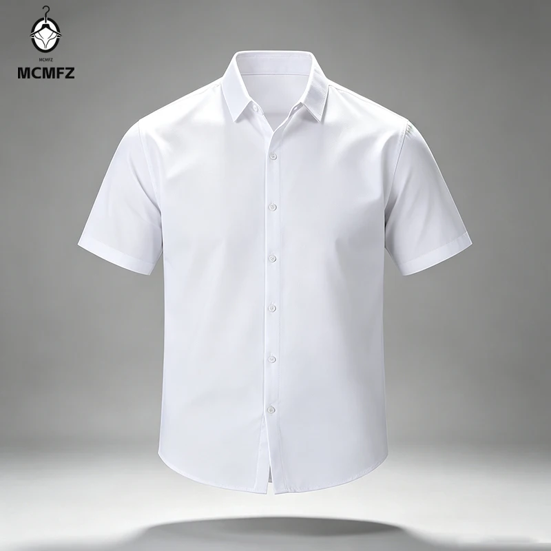 Mens Slim Fit Collared Short Sleeve Shirt Full Button Front Breathable Texture All Match Workplace Leisure Outer Garment