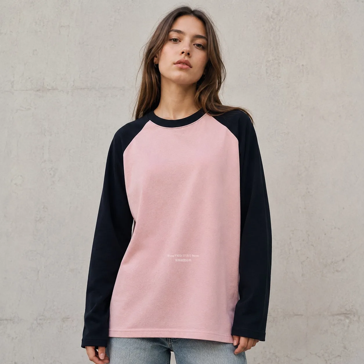 220G Cotton Women Long Sleeve T Shirt Raglan Color Block Crew Neck Loose Fit Baseball Tee Casual Daily Streetwear Autumn Top