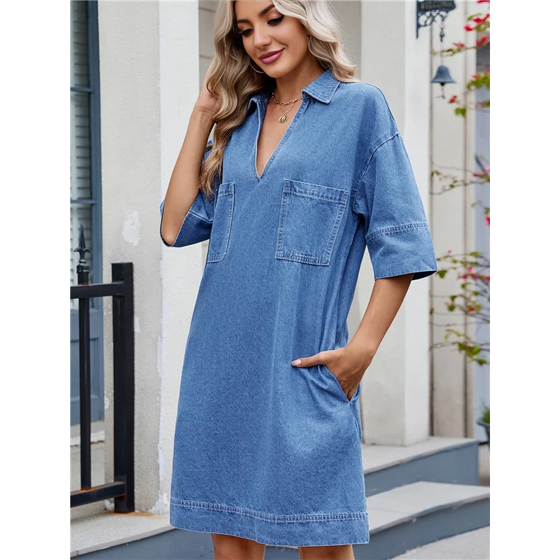 فستان قميص نسائي من قماش الدنيم صيفي بياقة على شكل V فساتين جينز كاجوال صغيرة مع جيوب