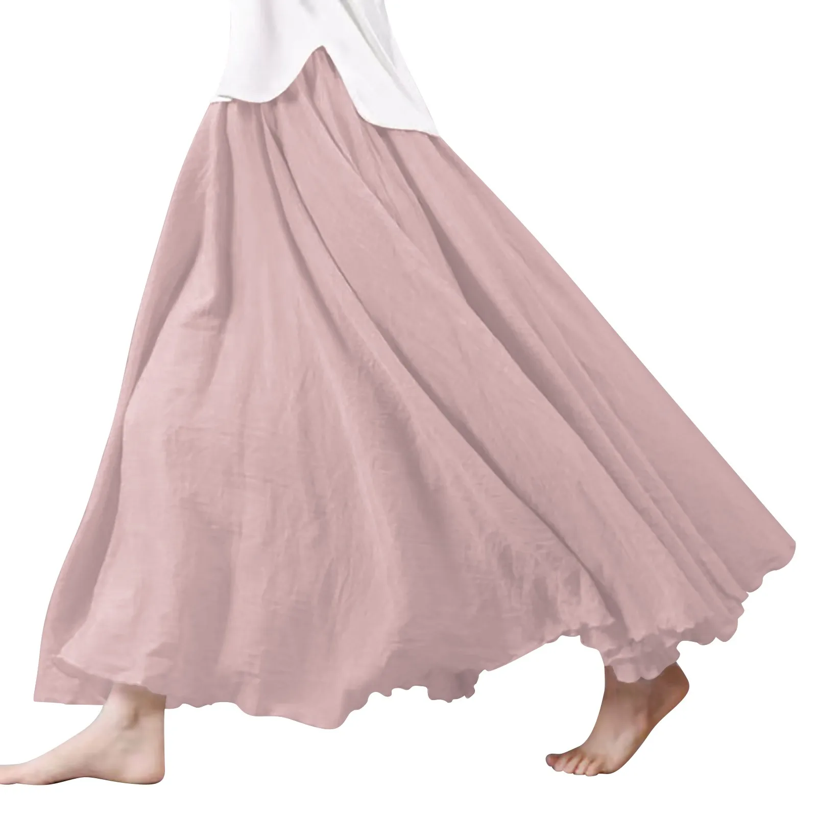 Women's Fashionable And Linen Fan Shaped Large Hem Pleated Skirt Girls Long Skirt Skirt with Suspenders Suede Skirt