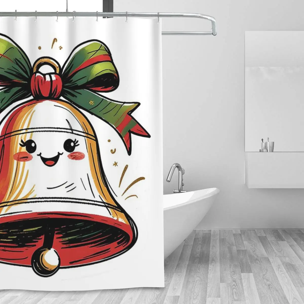 Hand-Drawn Christmas Bell Sticker With Festive Sketch Style Shower Curtain Bathroom Waterproof Bath Curtains with Hooks
