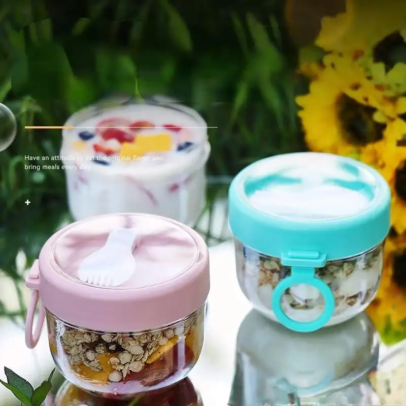 كوب إفطار محمول مع غطاء مانع للتسرب، وعاء الشوفان طوال الليل مع ملعقة، وعاء سلطة آمن للميكروويف، كوب زبادي، زجاجة حليب