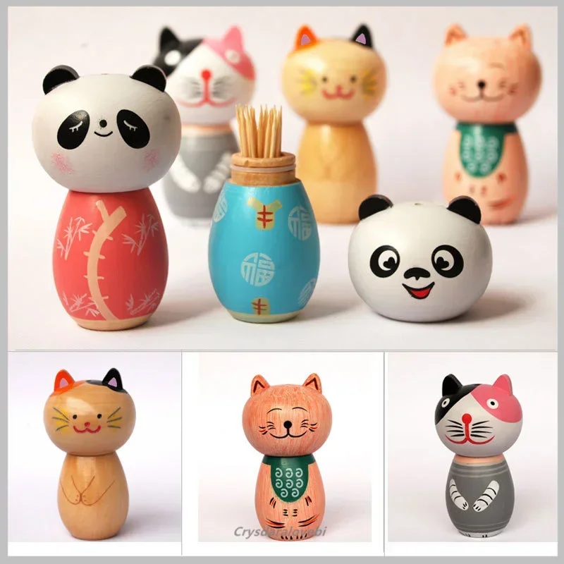 Cute Panda Toothpick Holder Container Wooden Art Ornaments Handmade Paint Tooth Pick Dispenser Home Restaurant Hotel Decoration