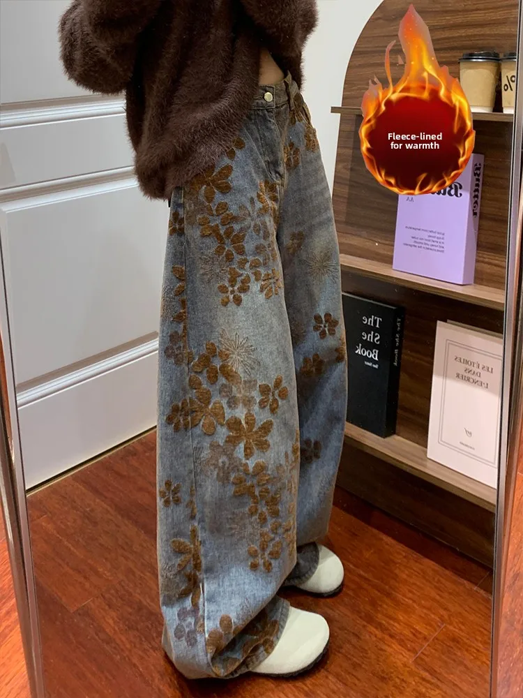 

Утепленные джинсы в американском стиле на флисовой подкладке, женские винтажные свободные брюки в полный рост, модный дизайн