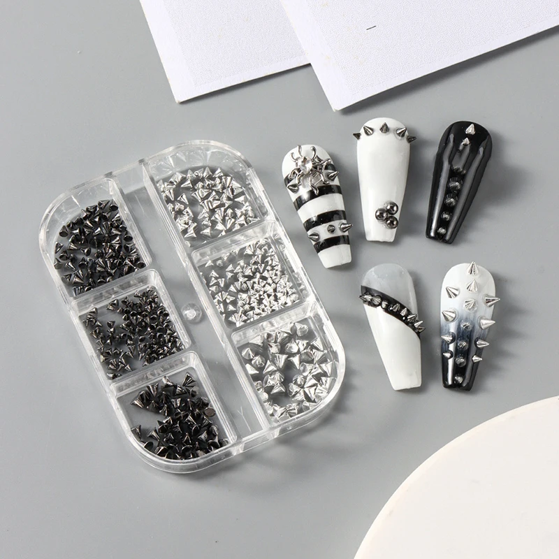 

6 Grids Y2K Punk Metal Rivet Nail Charms Cone Mixed Sized Black Silver Nail Art Studs 3D Stylish Alloy Spike For DIY Nails Decor