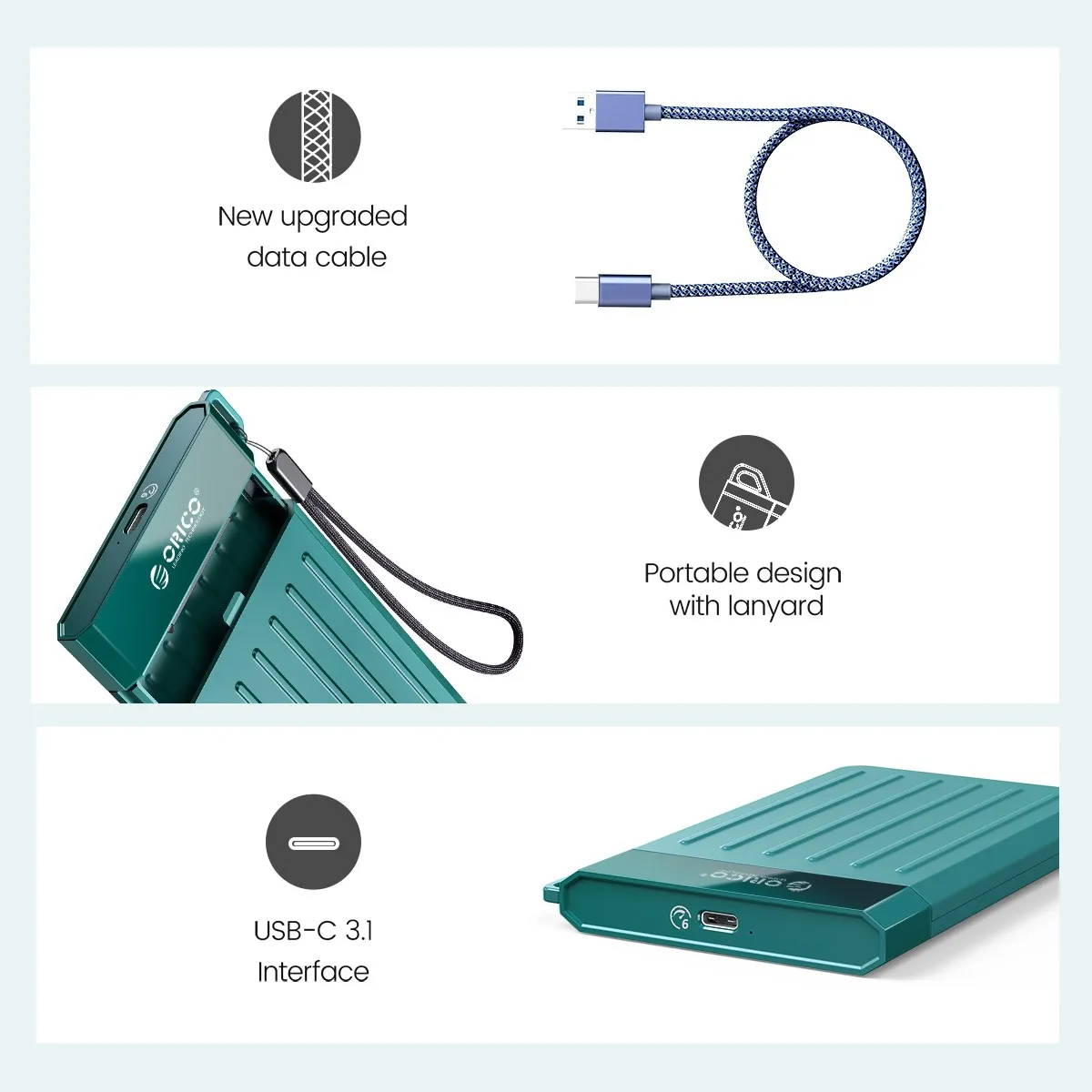 ORICO-외장 HDD 케이스, 2.5 인치 규격 sata-usb 3.0 어댑터, SSD 하드 드라이브 인클로저, c타입 3.1