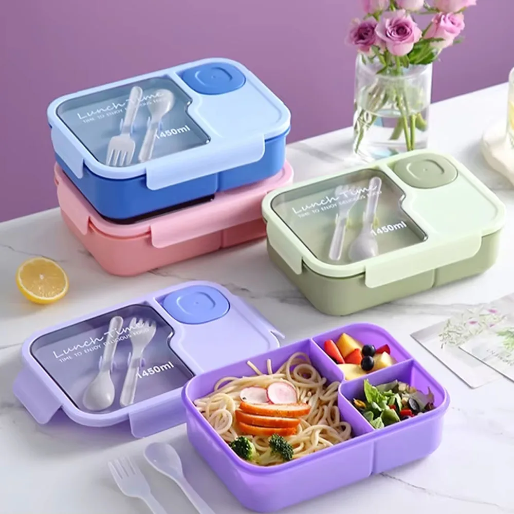 Bento Lunch Box Kid's Lunch Box Microwaveable Bento Box with Tableware Kawaii Heated 3 Grid Sandwich Snack Food Box Food Storage