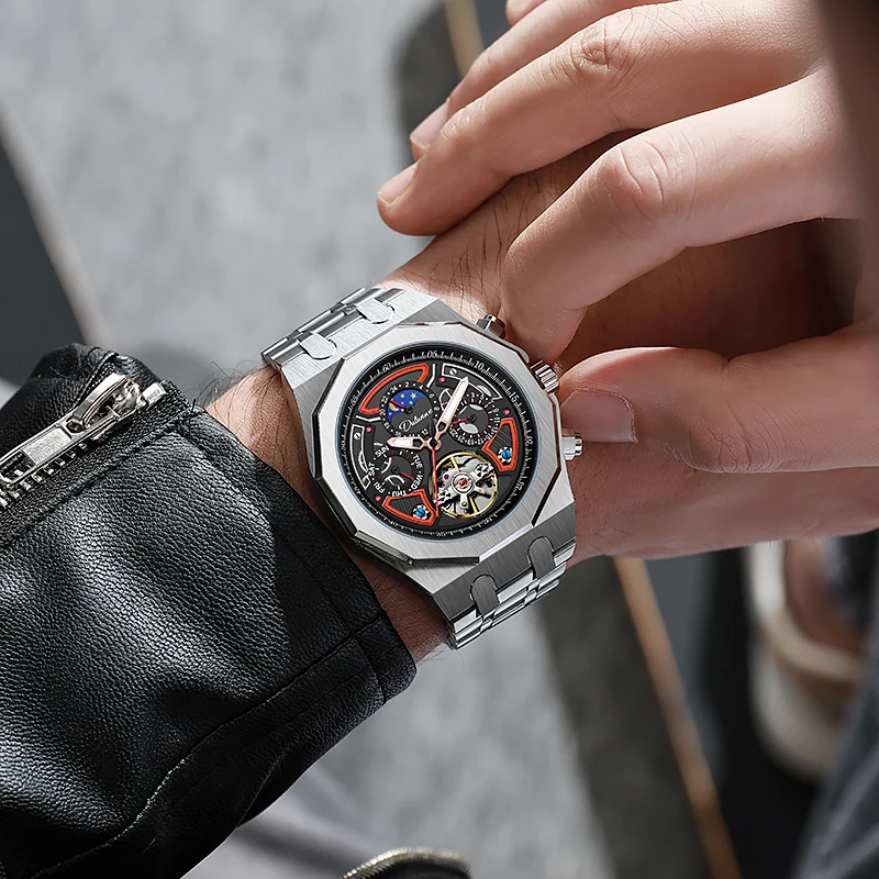 DULUNWE Top Brand Design New Luxury Automatic Watch Steel Mechanical Watch Tourbillon Men Watch Super Luminous Waterproof Watch