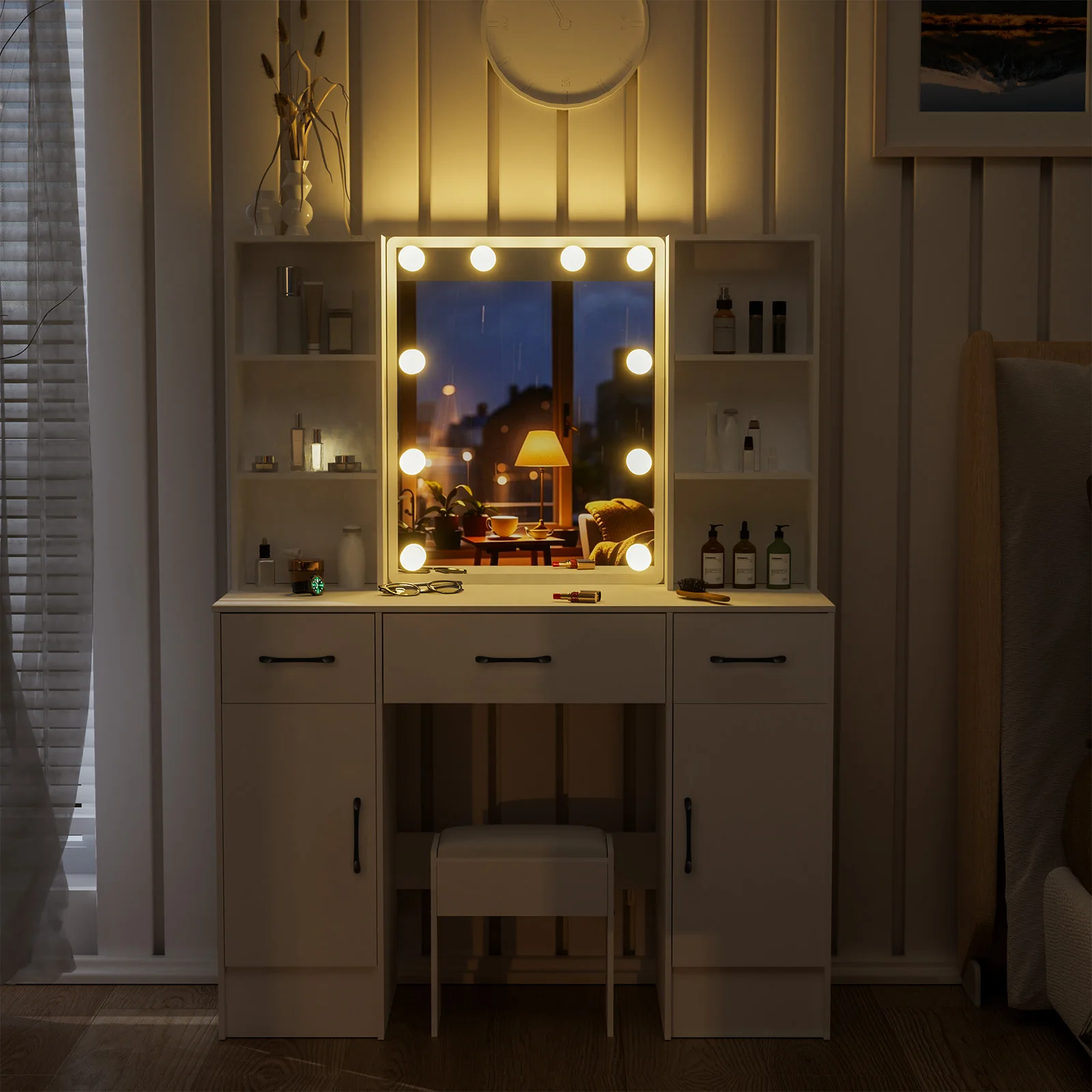 【صفقات 11.11، عروض الجمعة السوداء 2025】طاولة تزيين مع مرآة لمبات LED و3 أدراج ومجموعة مقاعد ومجموعة مكياج مكتب الغرور