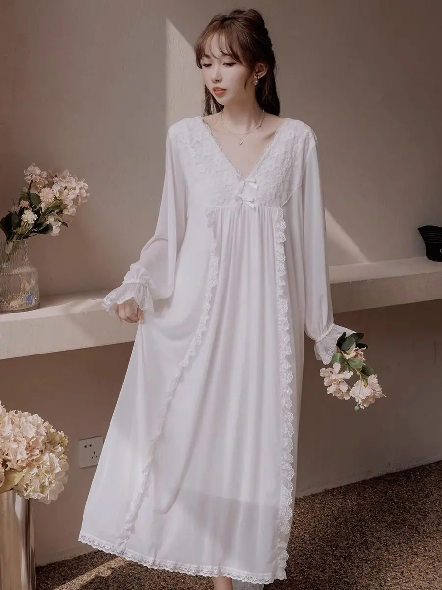 Spring Autumn Night Gown Sweet Dress French Pajama Women Embroidery Lace Long Sleeve Nightgown Loungewear Mesh Dresses Underwear