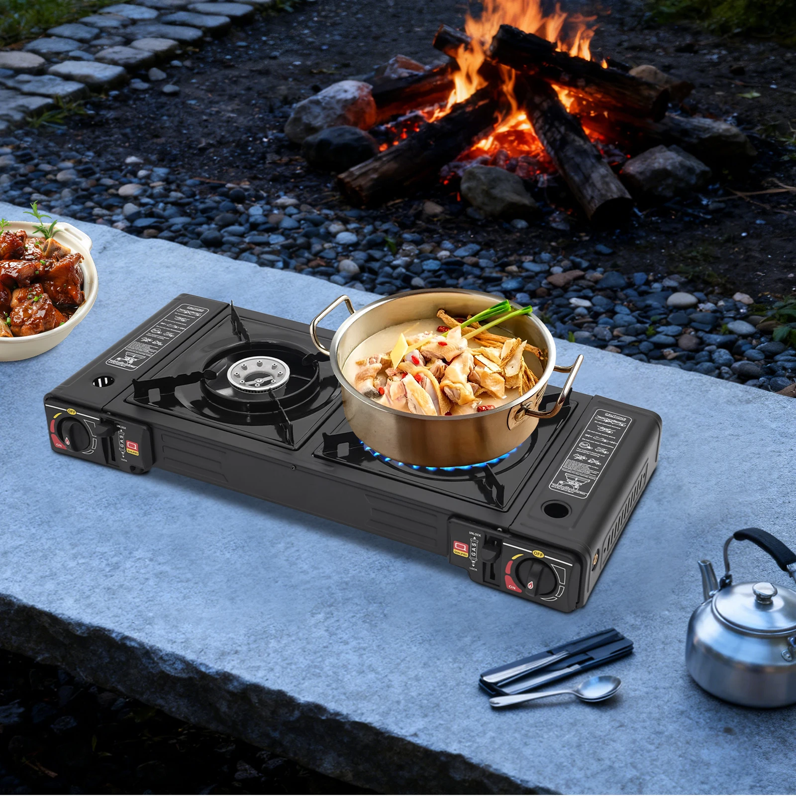 Doppelkopf-Grill-Gasherd, 63 x 26 x 12 cm, mit Handbox, Campingkocher mit Backblech und tragbarem Koffer zum Kochen im Freien usw – Detail 4