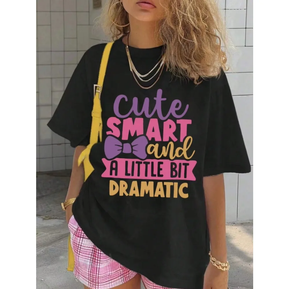 Women Oversized T-shirt Cute Smart And A Little Bit Dramatic Letter Print Round Neck Short Sleeve Casual Summer Tops