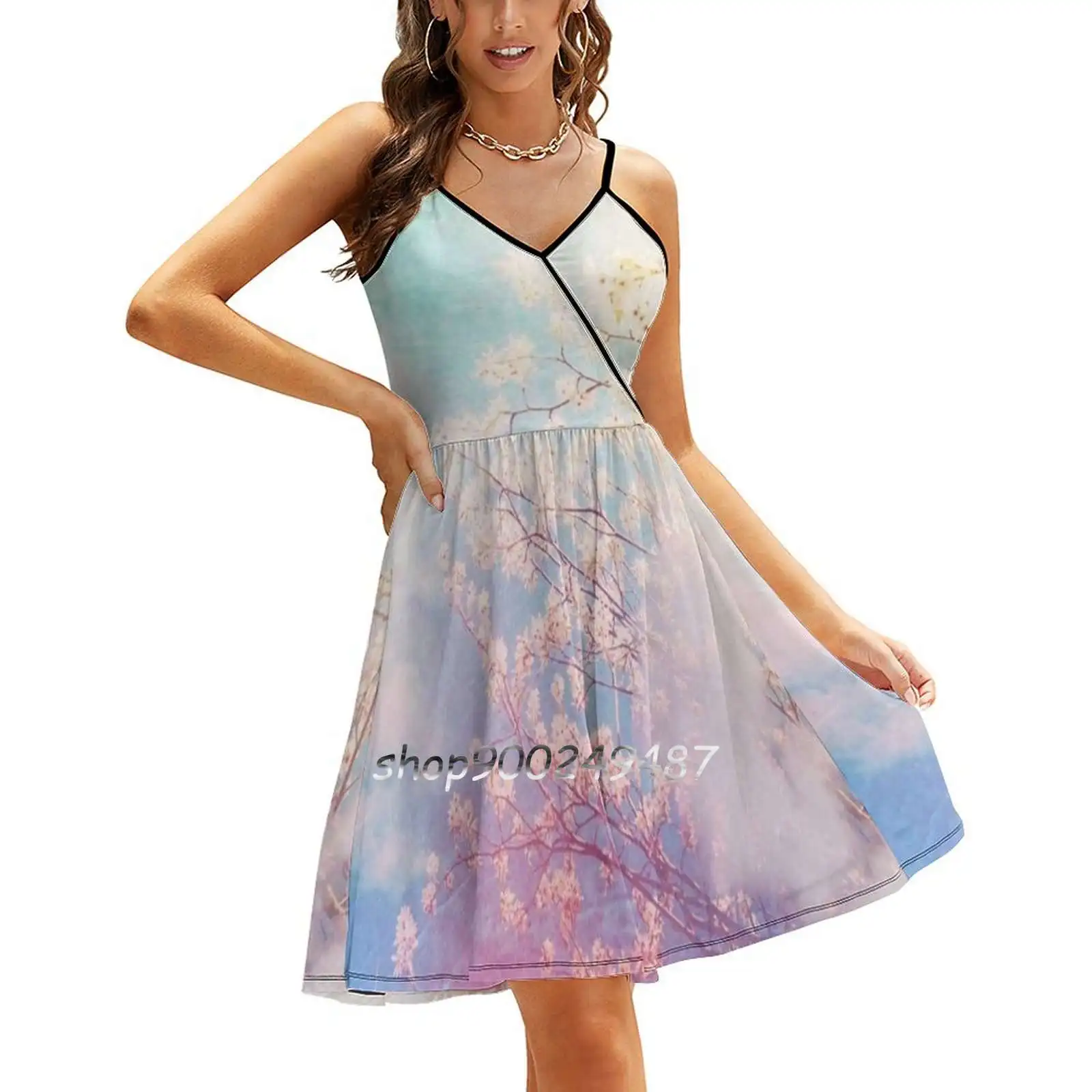 

Платье-слинг женское ТРАПЕЦИЕВИДНОЕ, пикантное модное платье с деревьями и облаками, Пастельное розовое синее, весна-лето