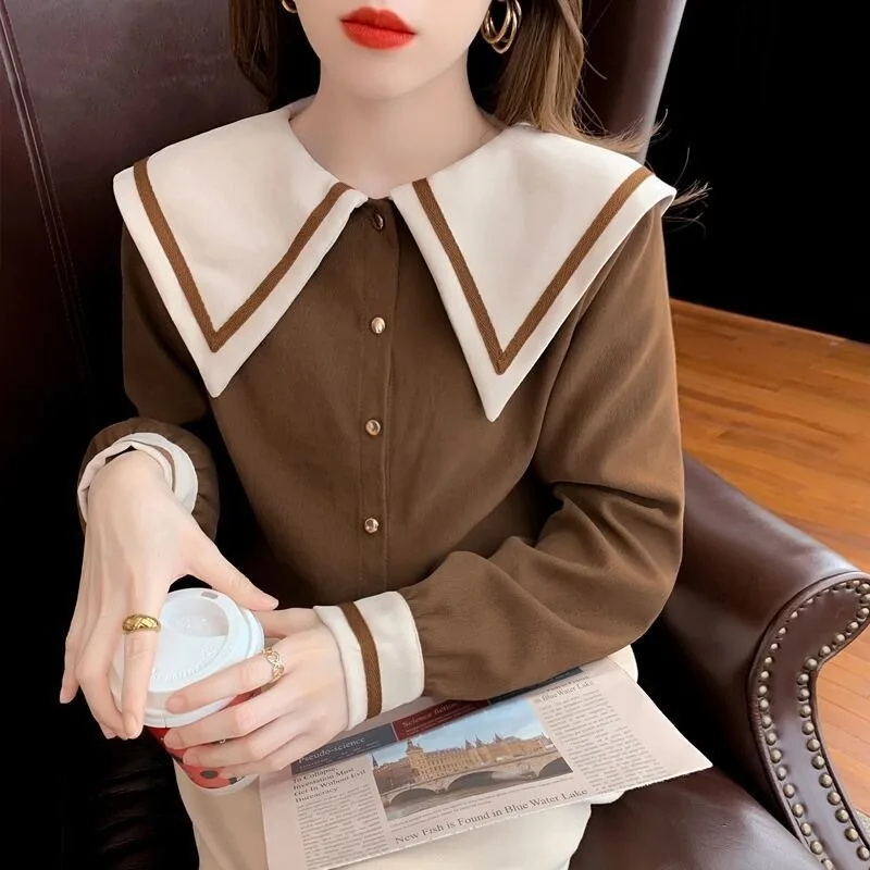 

Spring Chic Contrast Color Patchwork Peter Pan Collar Shirts Blusas Mujer De Moda 2024 Single-breasted Vintage Corduroy Blouses