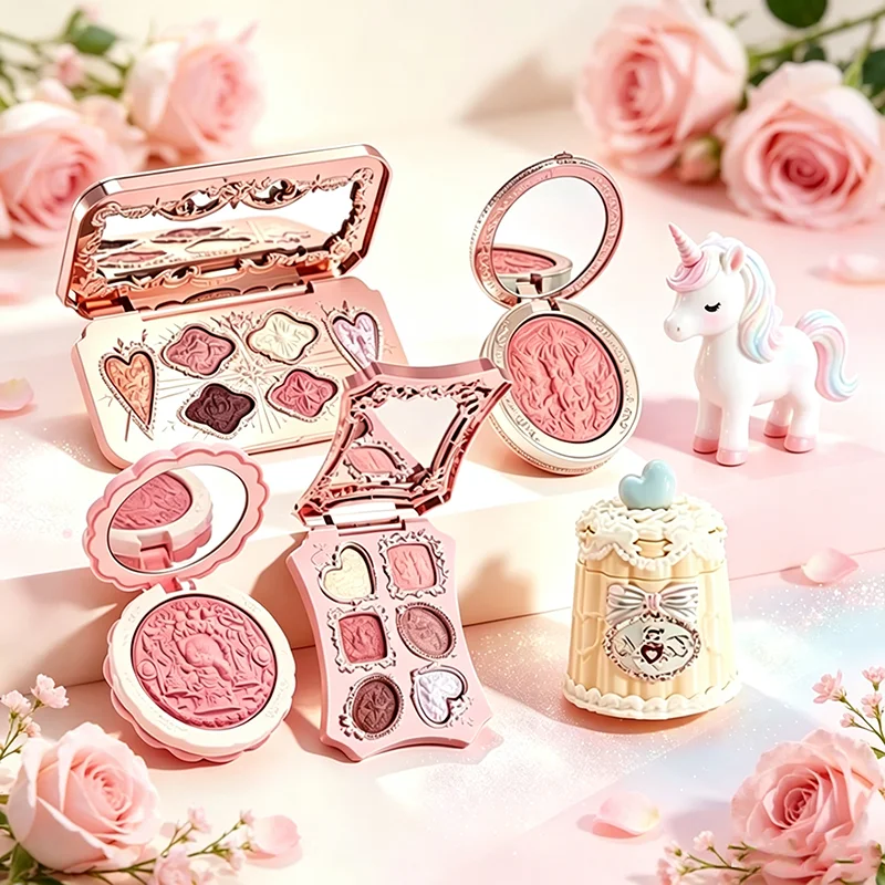 Flower Knows Makeup Gift Set Long-Lasting Lip Glaze,Blush & Shimmer Eyeshadow Palette Setting Powder Beauty Kit Gift Box