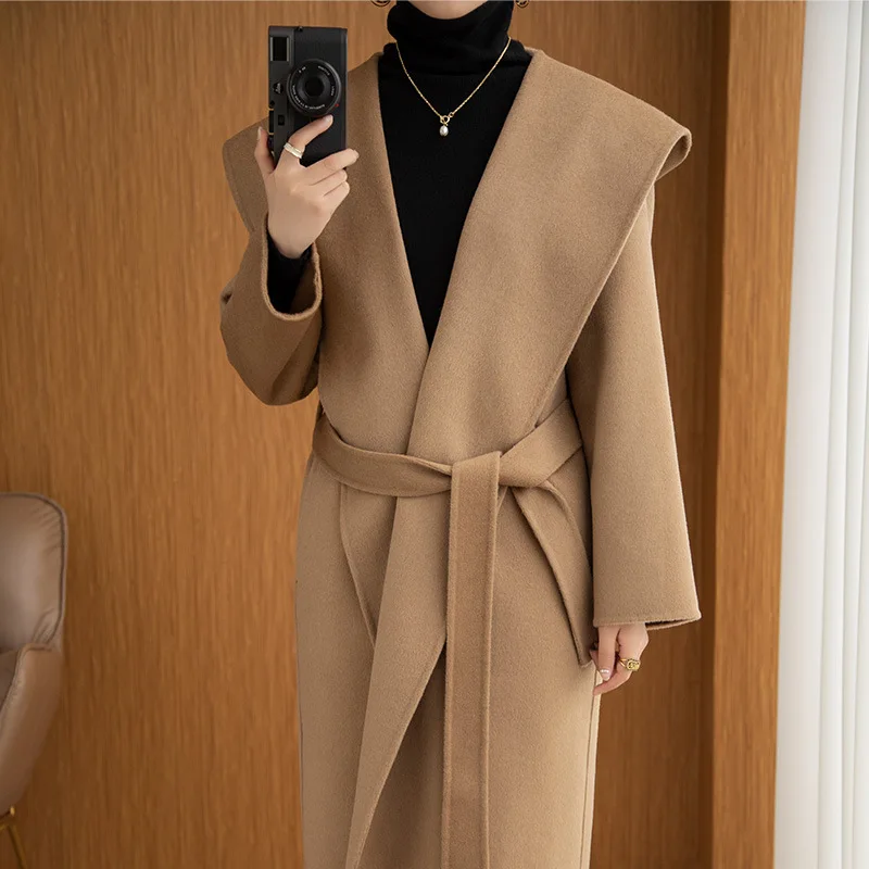 Hot Sale Women Hooded Wool Coat Pure Color Hoodie Woolen Overcoat Big Collar Jacket Cashmere Lace-up Fashion Cloak With Belt