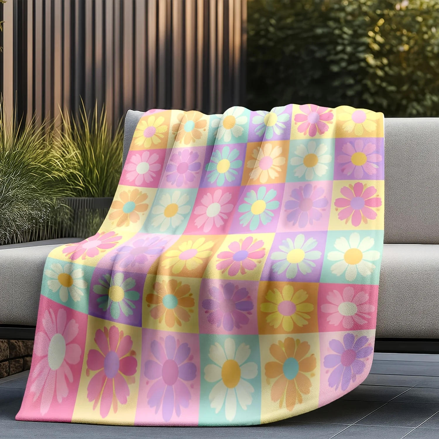 Macaron-Colored Daisy Flannel Throw Blanket, Girly Checkered Printed Nap Blanket, Soft Skin-Friendly Office Shawl Blanket, Home