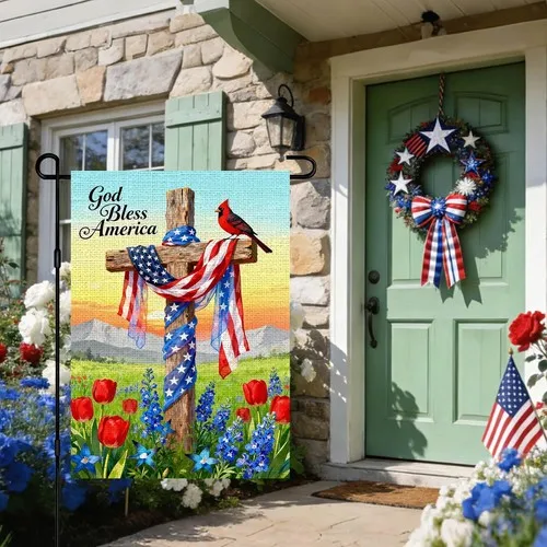 4th of July Cardinal Bird Garden Flag God Bless America Cross American, 12x18 XXQ