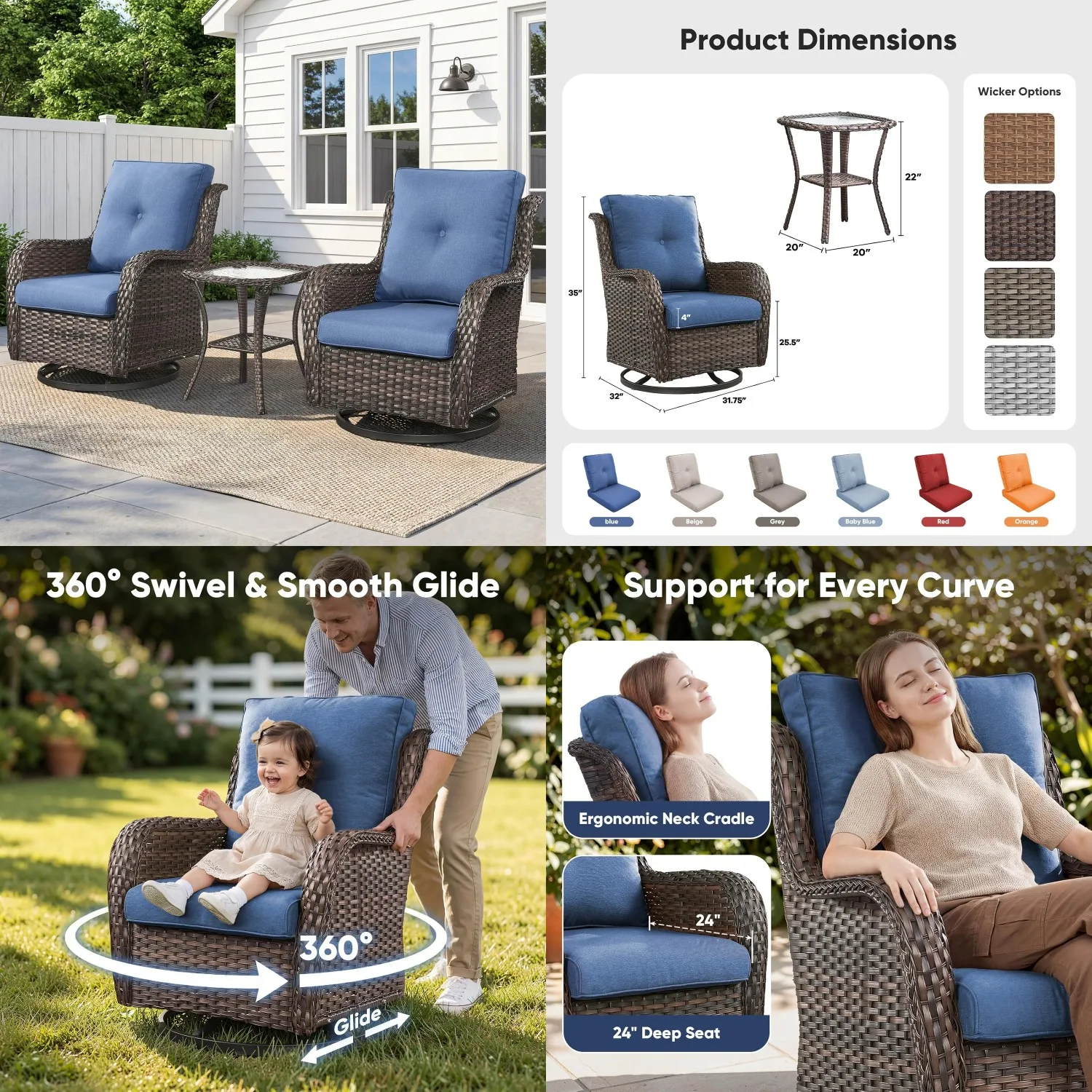 

Swivel Rocker Patio Wicker Chairs Set All Weather Rattan Side Table Porch Poolside Balcony Customized