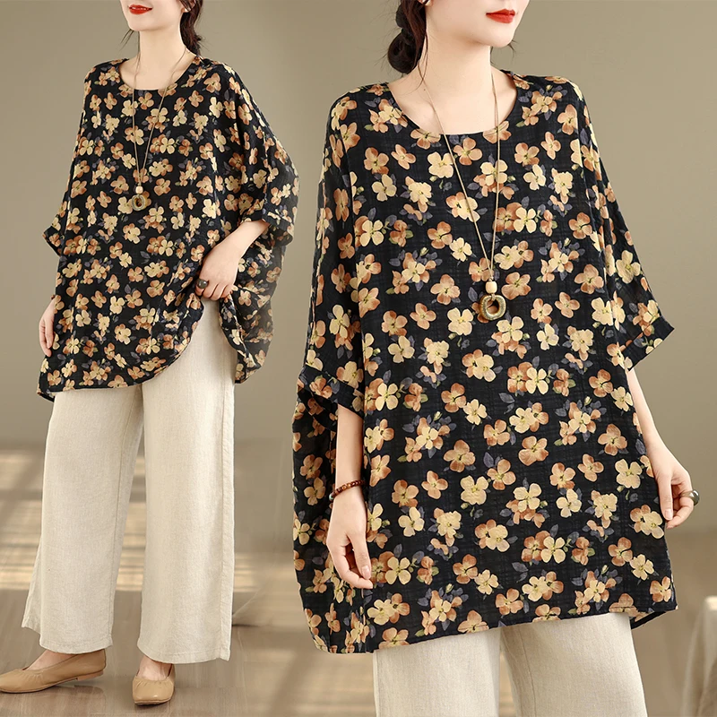 

Свободная женская футболка из хлопка и льна больших размеров, весенне-летняя, модная, с принтом, антивозрастная, скрывающая живот