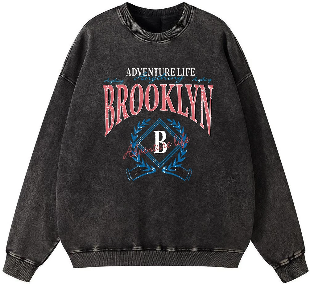 Adventure Life Anything Brooklyn Man Vintage Washed Cotton Sweatshirt Pullover Fashion Casual Autumn Loose Tops