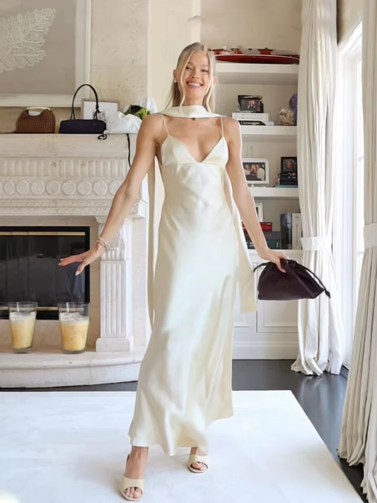 

HH Woman's Summer Vocation Solid V-Neck Sexy Thin Scarf Decoration Sleeveless Dress Female Elegant 5-Color Sling Long Dress