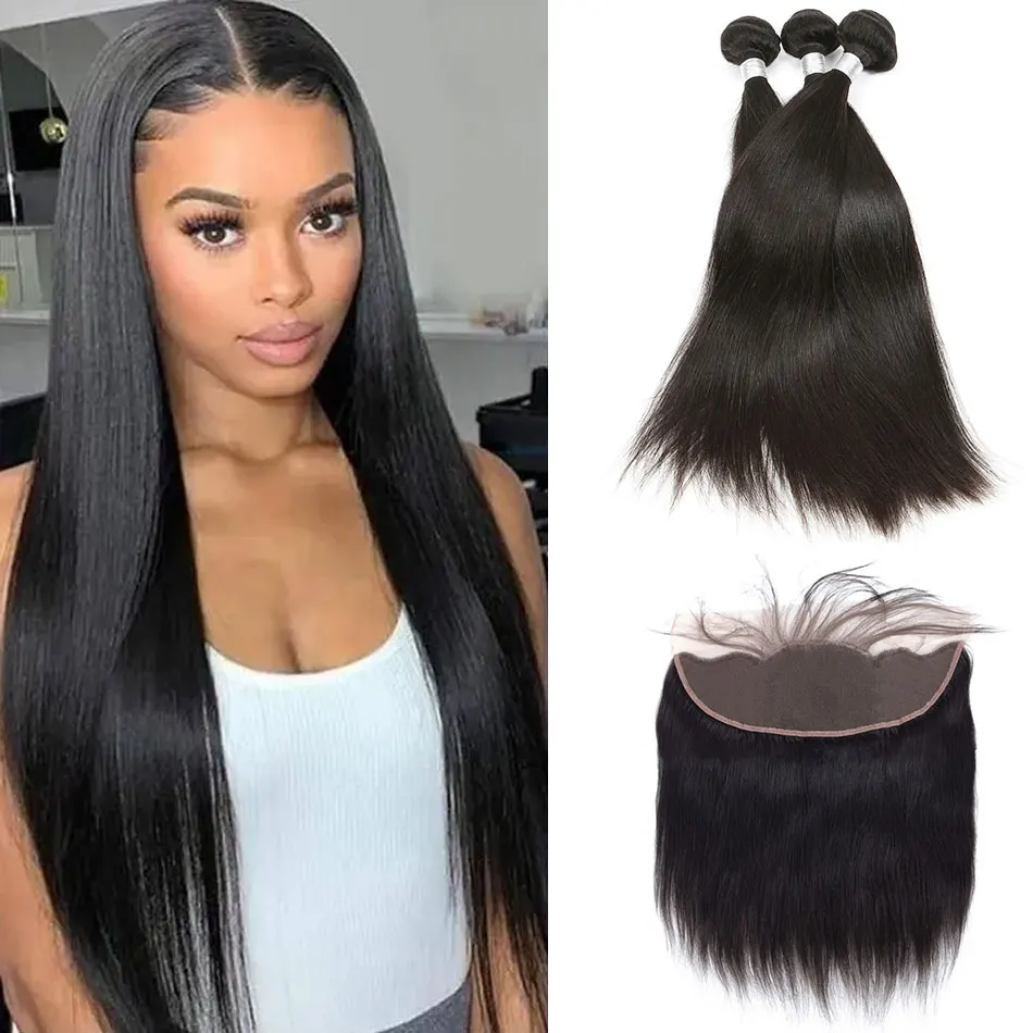 

100% необработанные человеческие волосы, шелковистые прямые волосы с кружевной фронтальной застежкой 13x4, светлые прямые пучки омбре с кружевной передней застежкой