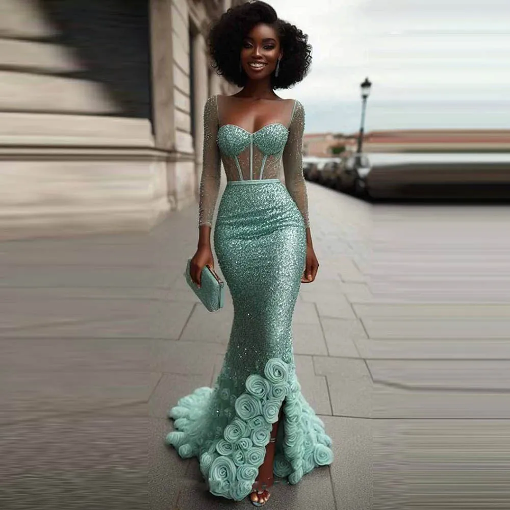 Handmade Flowers Mermaid Evening Dresses Sweetheart Long Sleeves high Slit Prom Dress For African Women