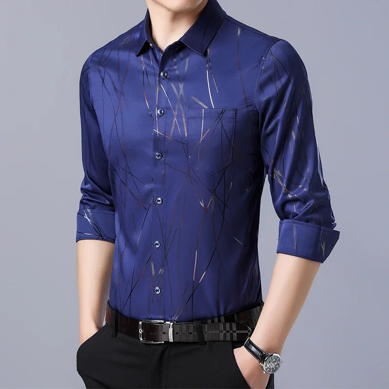 Kemeja kerah bercetak lengan panjang pria, untuk mode musim semi musim gugur nyaman tanpa disetrika