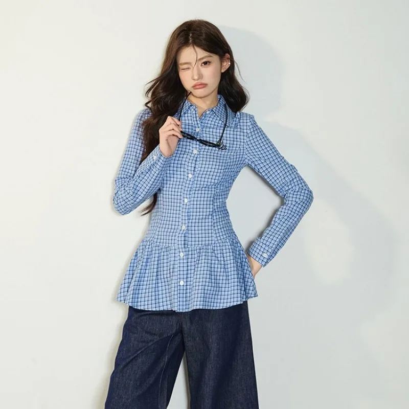 Korean Style Plaid Shirts Patchwork Elegant Youth Slim Blouse Harajuku Office Minimalist Casual Long Sleeve Autumn Clothes