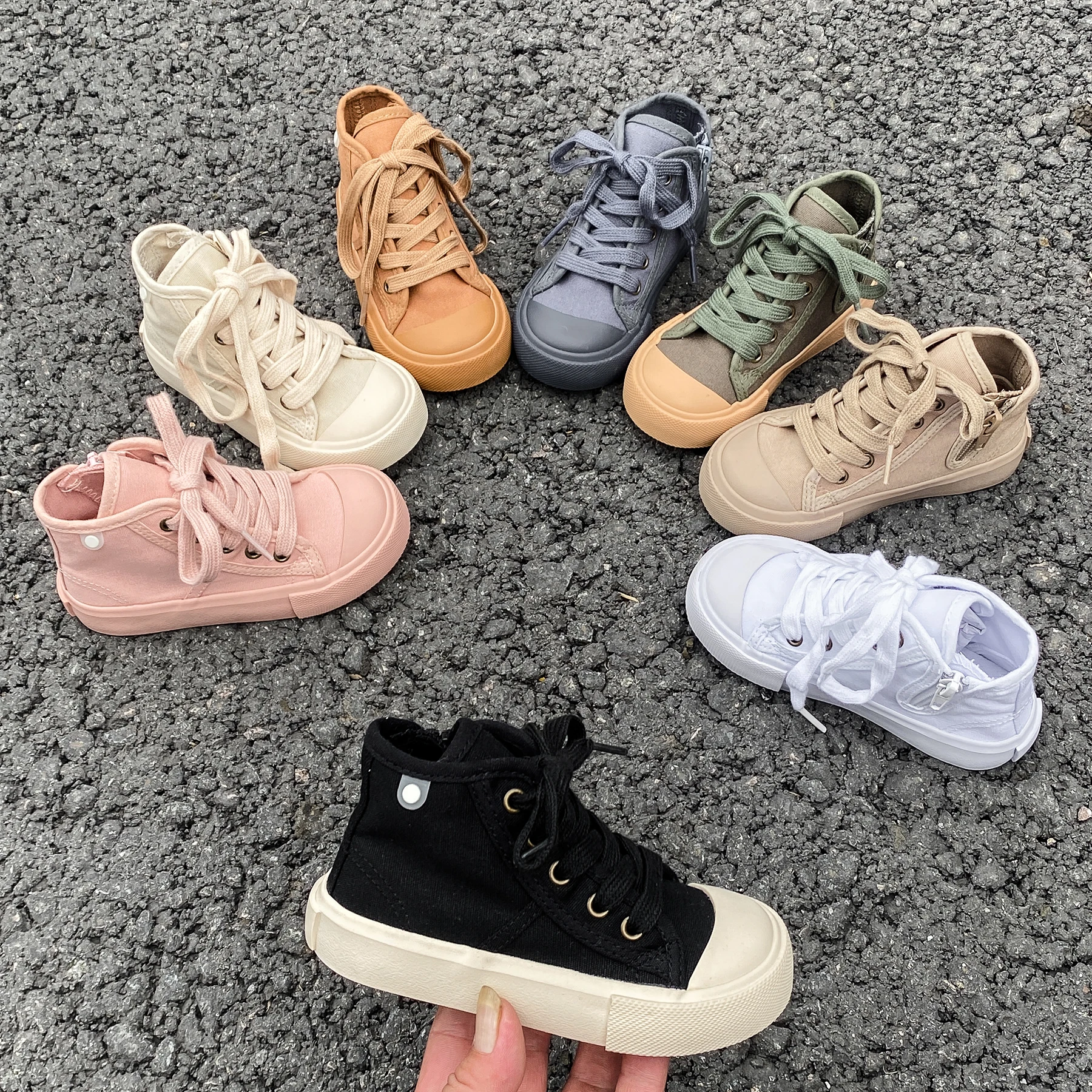 8005 High top lace up solid color children's canvas shoes candy color boys and girls board shoes breathable and fashionable