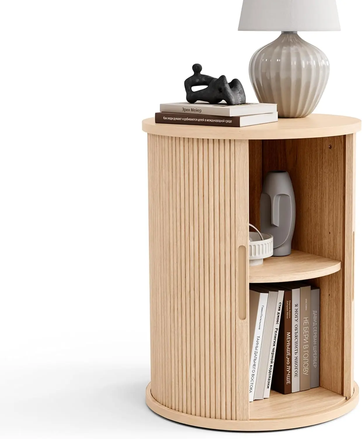 

Round Fluted End Table, Tall Side Table with Sliding Tambour Door and Storage Shelf, Modern Bedside Table