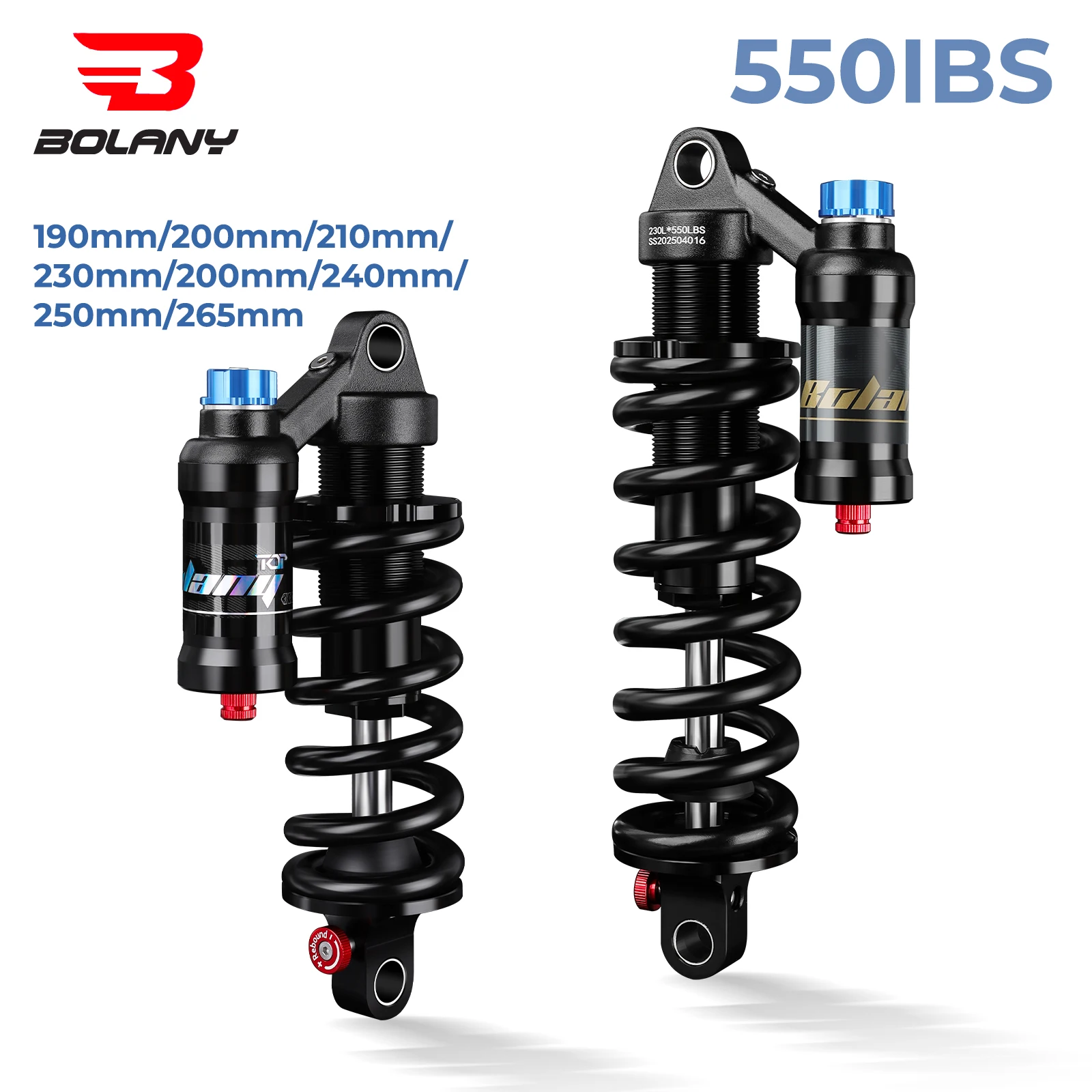 BOLANY 550lbs Mountain Bike Rear Absorber Spring Suspension Motorcycle Shock DH MTB Bicycle Damping Adjustable 190/200/210/230mm