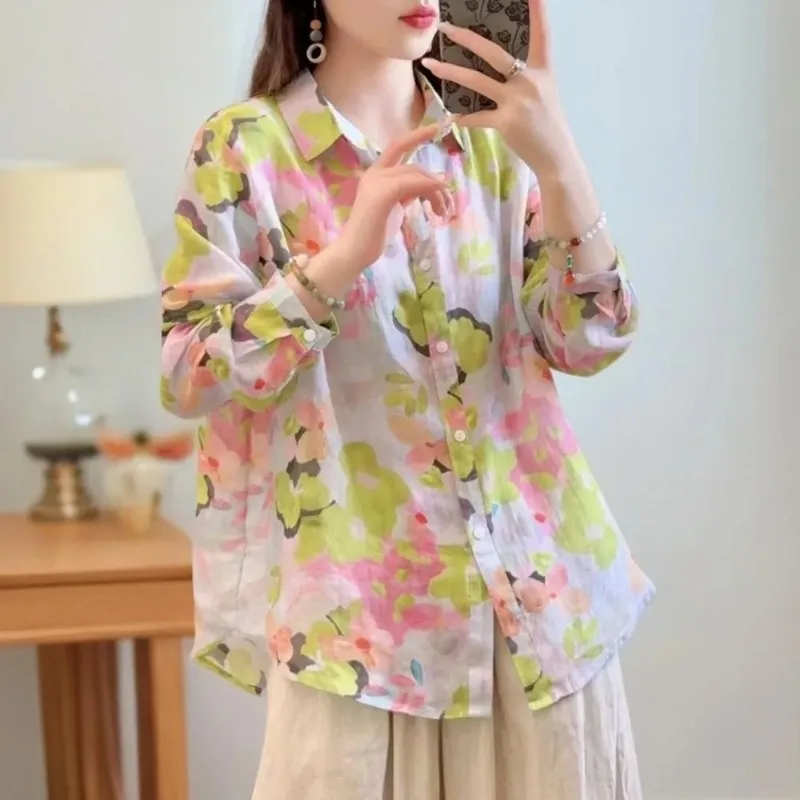 

Women's Linen Blend Watercolor Floral Print Button Down Shirt Long Sleeve Loose Fit Casual Blouse