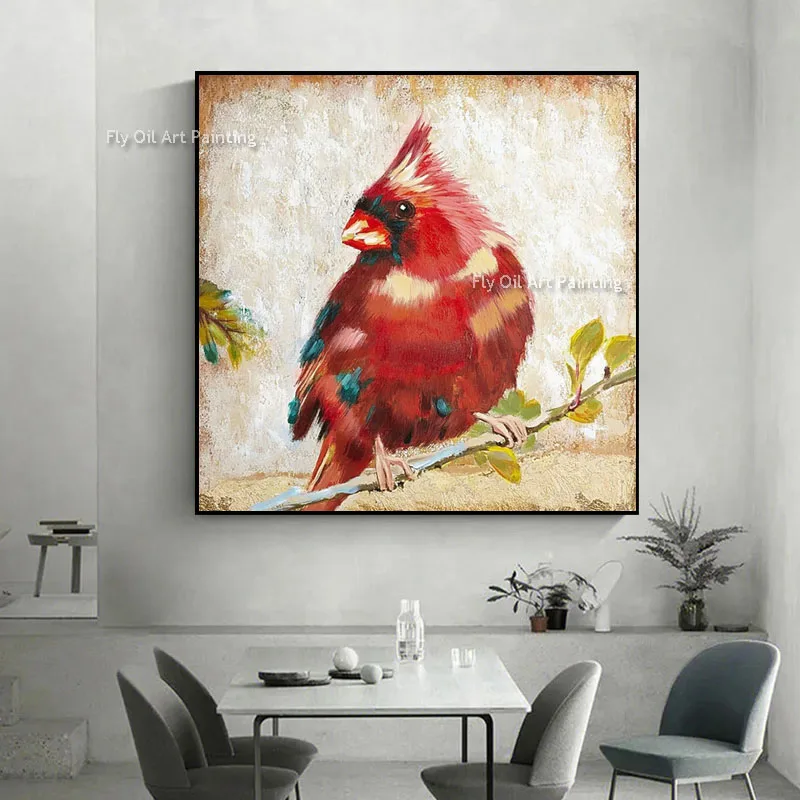 Red Cardinal Bird Canvas Art, Handmade Palette Knife Thick Impasto Oil Painting, Square Textured Wall Decor