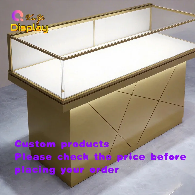 custom.Luxury Shopping Mall Jewelry Island Kiosk High Transparency Glass LED Strip High-end Retail Showroom Fitting
