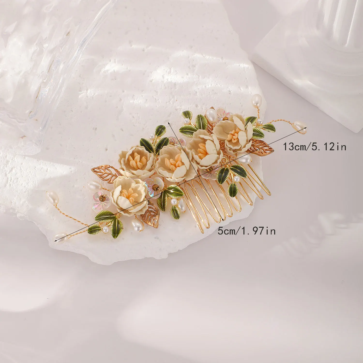 Handmade Cream Rose Hair Comb  Enamel Green Leaf & Imitation Pearl Hairpiece  Vintage Floral Bridal Hair Accessory for Wedding