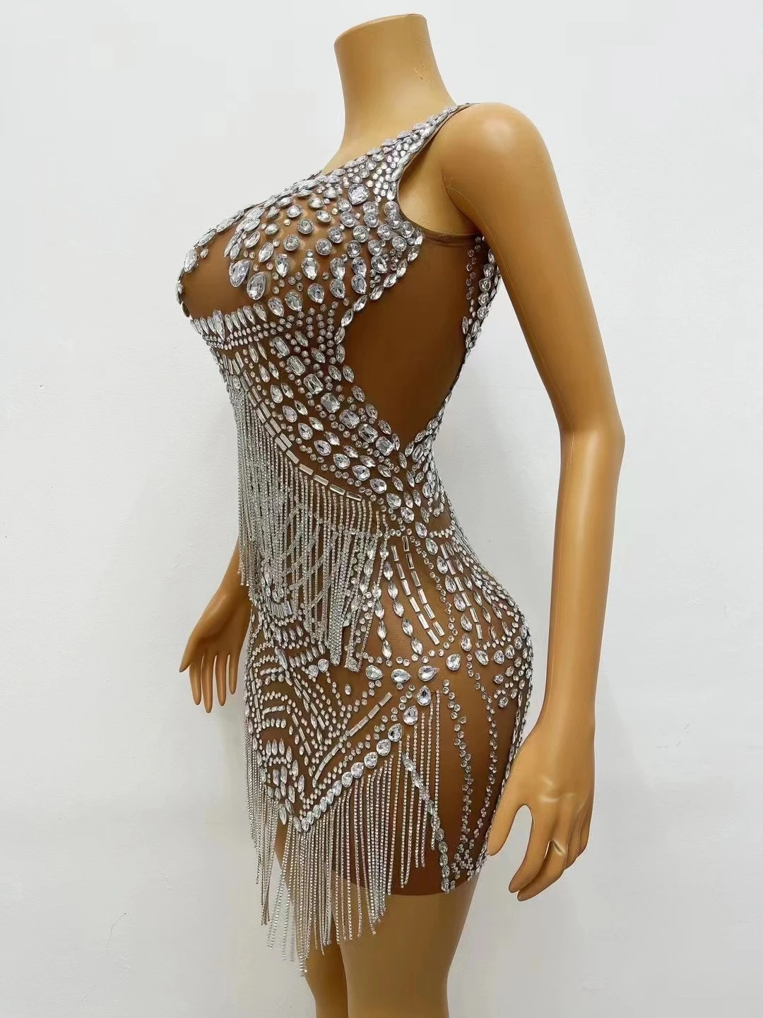 Songhua-vestido de cóctel transparente para mujer, Sexy, brillante, de lujo, con cadena de cuentas, plateado y negro, para fiesta de graduación, 2024