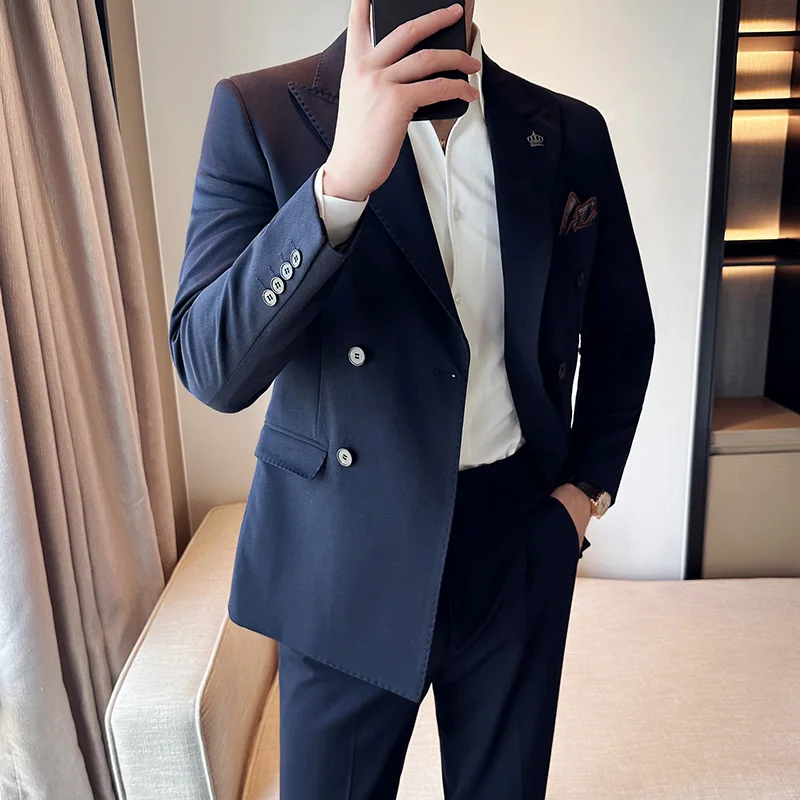 (Jackets+Pants) Men\'s Double-Breasted Business Suits Male Slim Fit Groom\'s Wedding Dress Men Solid Color Tuxedo Casual Blazers