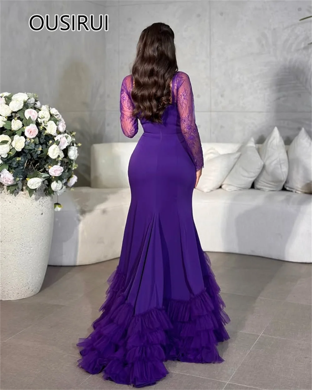 Graceful Satin Ruffles Evening Saudi Gown Mermaid Court Long Bridal Evening Dubai Gown with Long Lace Sleeve Custom Made