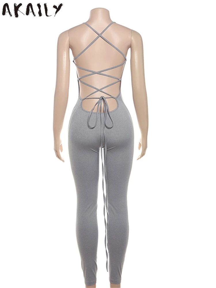 Akaily Sommer trend grau sexy rücken freie Bandage Overall lässig sportlich für Frauen 2024 ärmellose Skinny Stretch Fitness Overalls