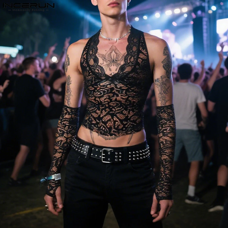 INCERUN Men Tank Tops Lace See Through V Neck Sleeveless With Sleeve Male Vests Sexy Streetwear Party Fashion Unisex Tops S-3XL