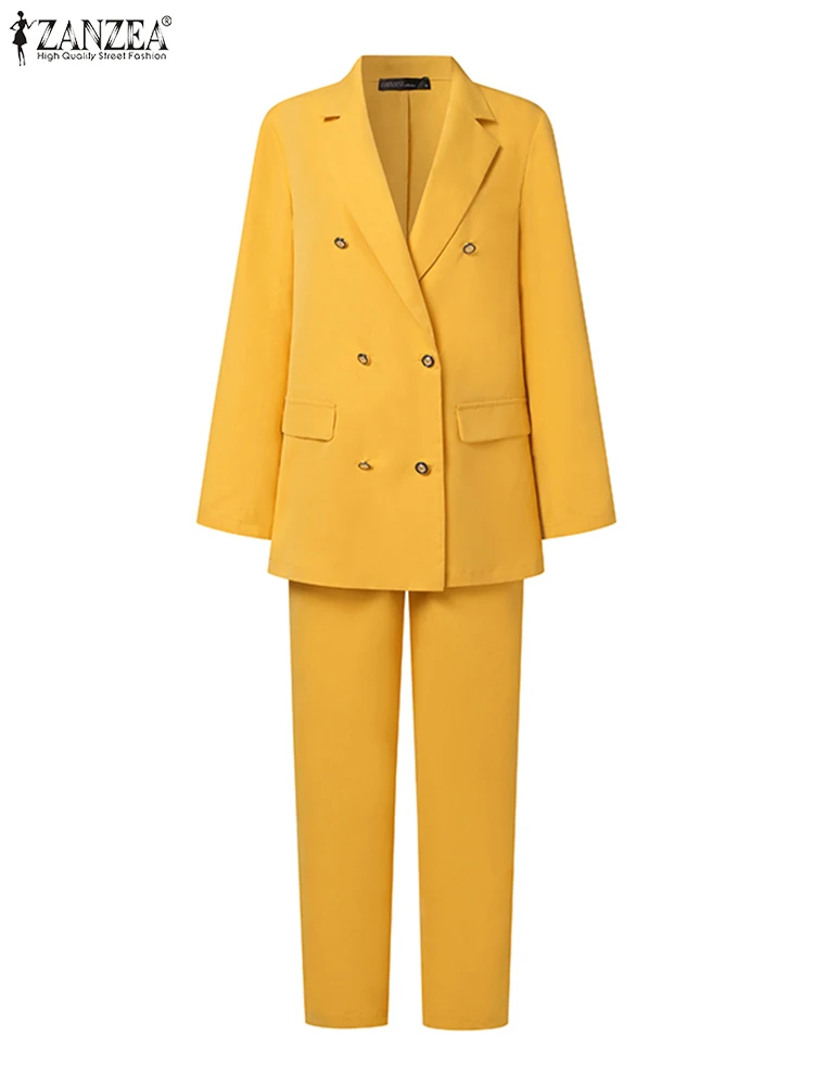 ZANZEA-Fatos de blazer monocromáticos femininos, agasalho senhora do escritório, calças elegantes de trabalho OL, calças da moda, primavera, 2 peças