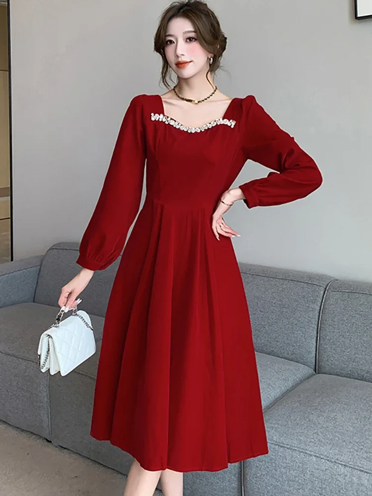 

Women Red Long Sleeve Diamonds Sqaure Collar Long Dress 2024 Korean Vintage Luxury Festival Dress Autumn Winter Elegant Dresses