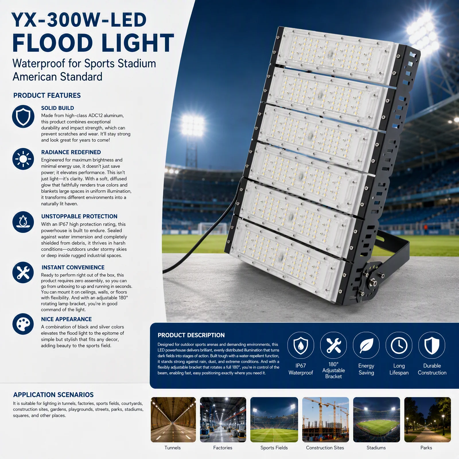 Outdoor LED Flood Light 300W IP67 Waterproof, 180° Adjustable Stadium Lighting with ADC12 Aluminum Housing, Wide Voltage 100-277V for Sports Field Factory Garden Courtyard, Silver/Black
