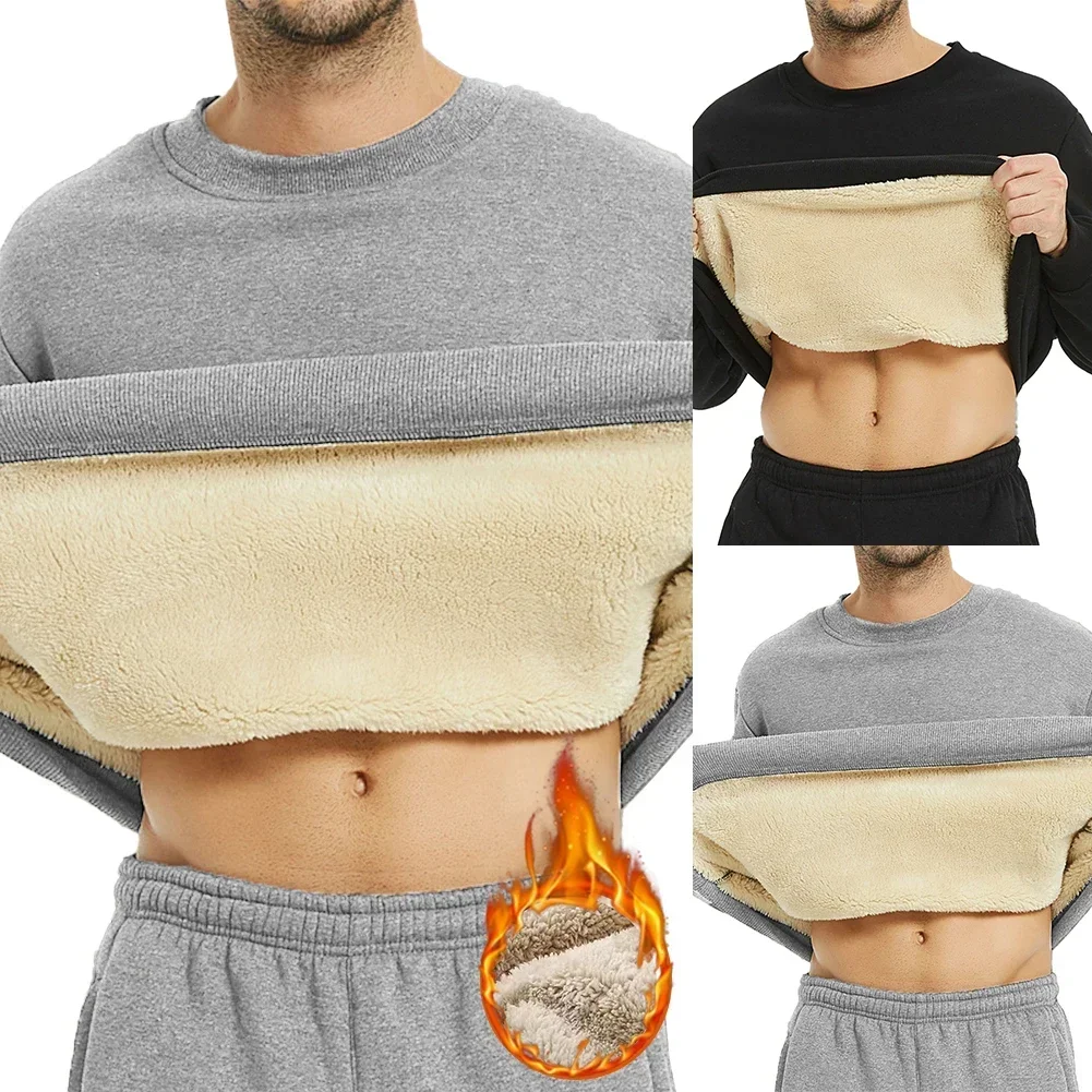 Winter-Herren-Warmfleece-gefüttertes Langarm-T-Shirt Dickes O-Neck Einfarbiges Basic-Pullover-Sweatshirt Thermounterwäsche Oberteil für Männer – Detail 2