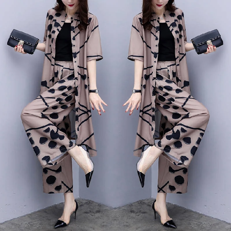 2pcs Chiffon Women Casual Set Wear Loose Suit Wide Leg Pants + Long Blouse Set