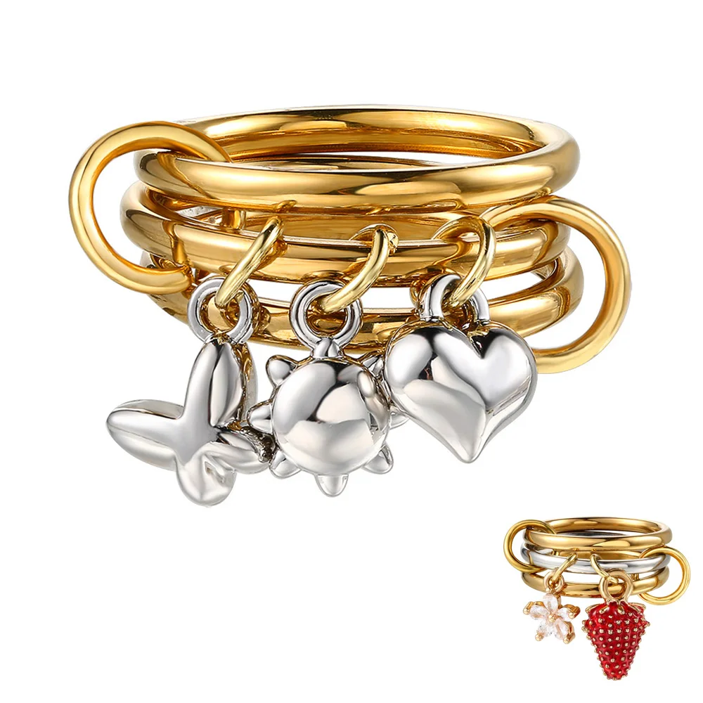 Anillos apilables con colgante de corazón, mariposa y sol, dijes DIY de acero inoxidable, conjunto de anillos Spinelli para mujeres y niñas, joyería para el dedo INS
